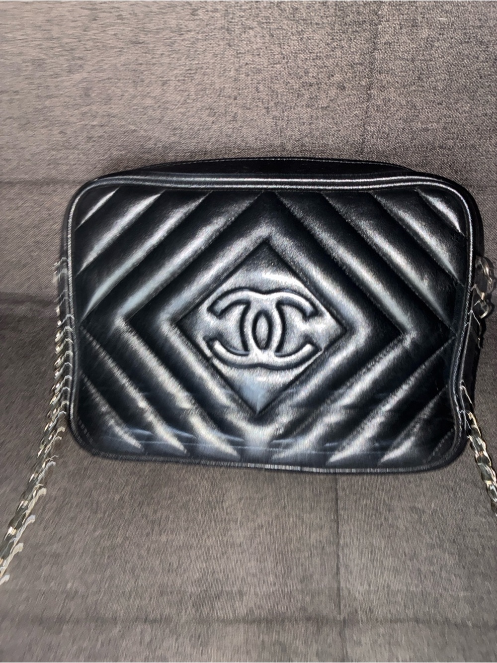 CHANEL Black Quilted Chevron Camera Crossbody with Chain Strap - Picture 2 of 11